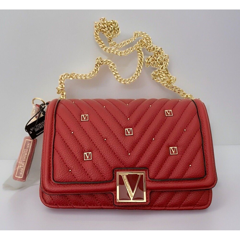 NWT Victoria’s Secret Red Purse Handbag Tote Gold Crossbody Strap Mirror Studded